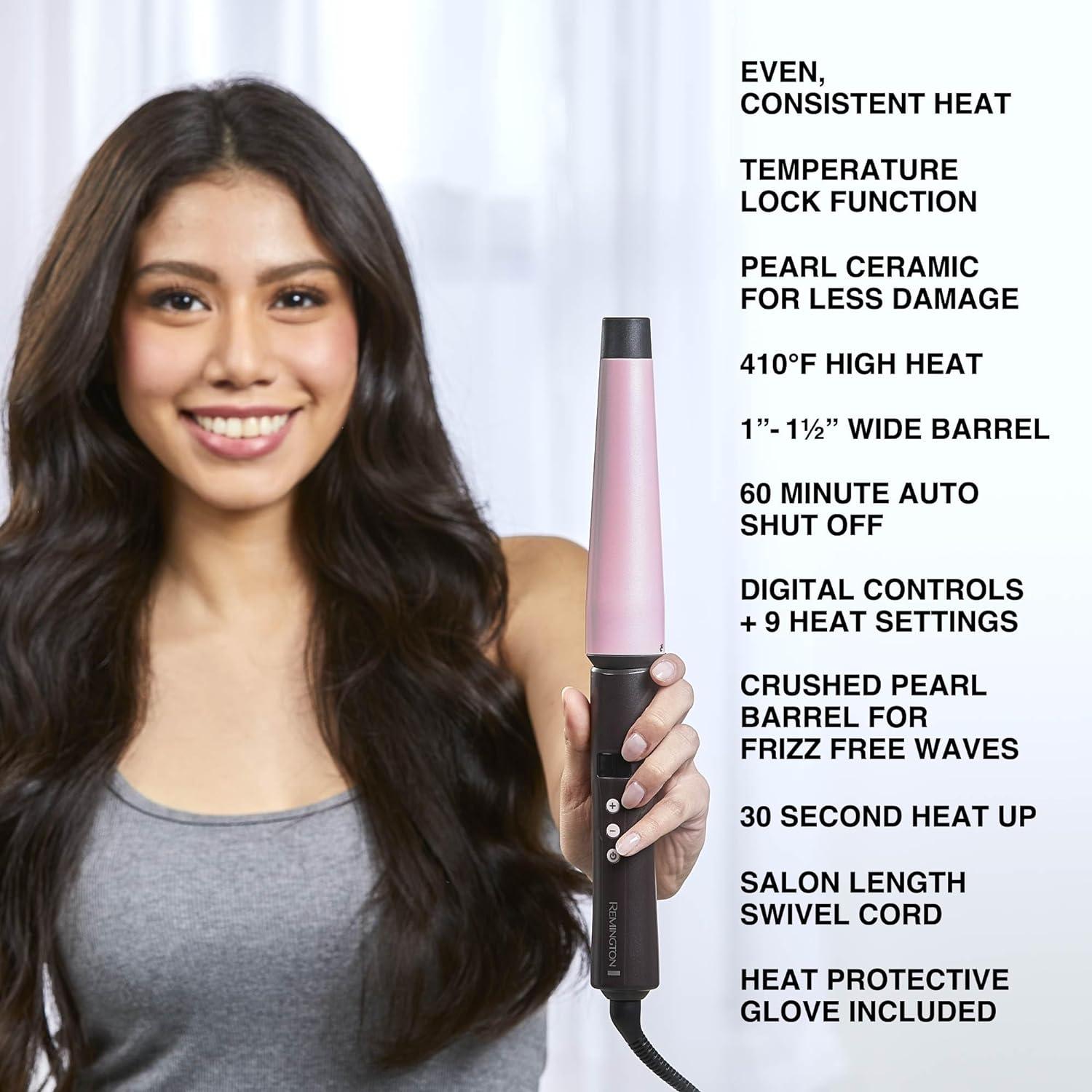 image:imageRemington CI9538 Pro 115 Pearl Ceramic Conical Curling Wand Digital Controls 10 Heat Settings BlackPink