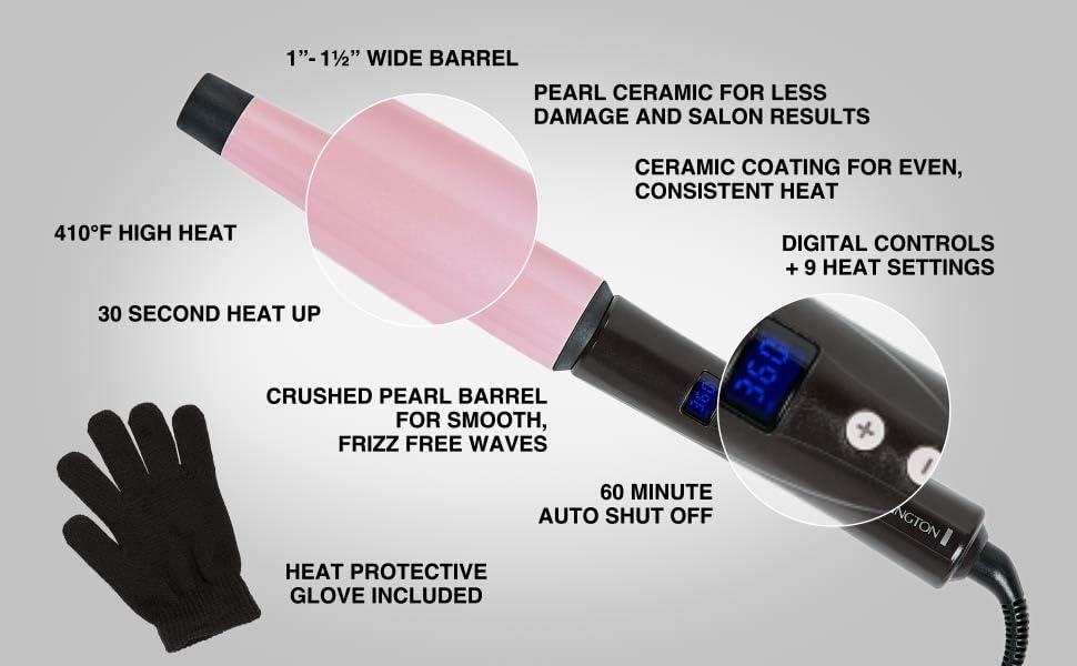 image:imageRemington CI9538 Pro 115 Pearl Ceramic Conical Curling Wand Digital Controls 10 Heat Settings BlackPink