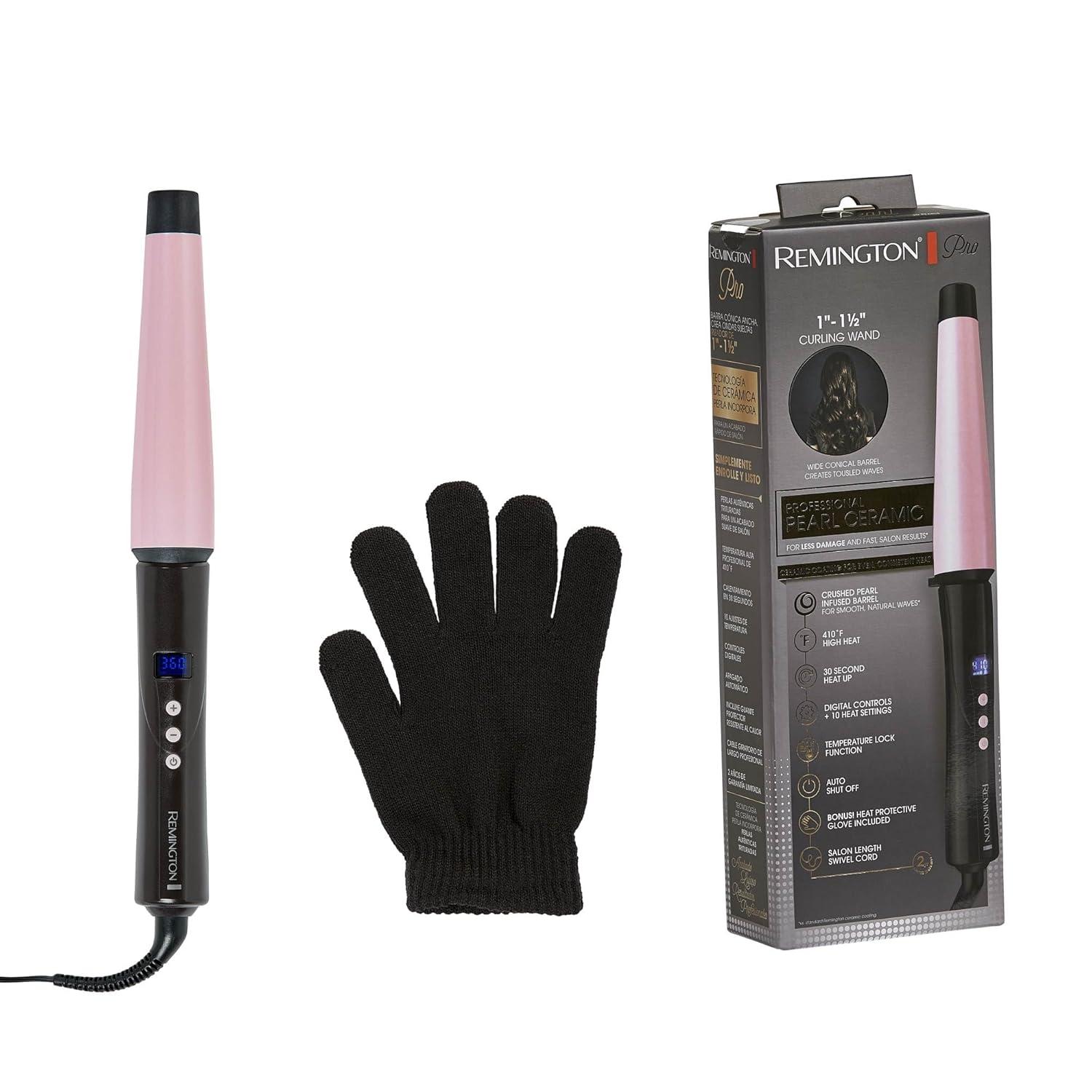 image:imageRemington CI9538 Pro 115 Pearl Ceramic Conical Curling Wand Digital Controls 10 Heat Settings BlackPink