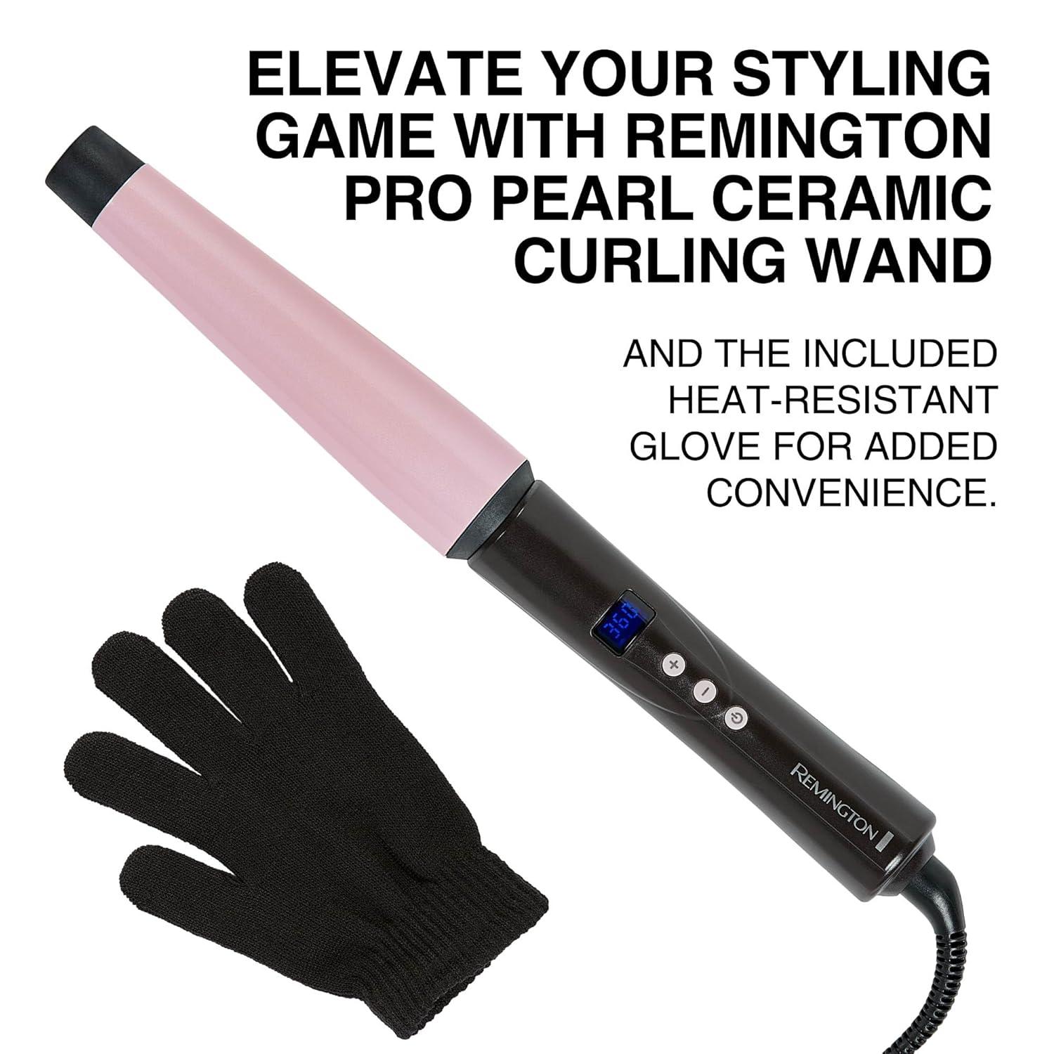 image:imageRemington CI9538 Pro 115 Pearl Ceramic Conical Curling Wand Digital Controls 10 Heat Settings BlackPink